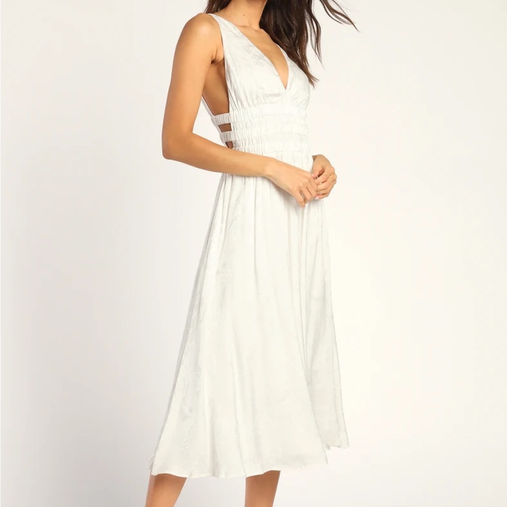 NWT Lulus Sleek Suggestion White Floral Jacquard Empire Midi Dress